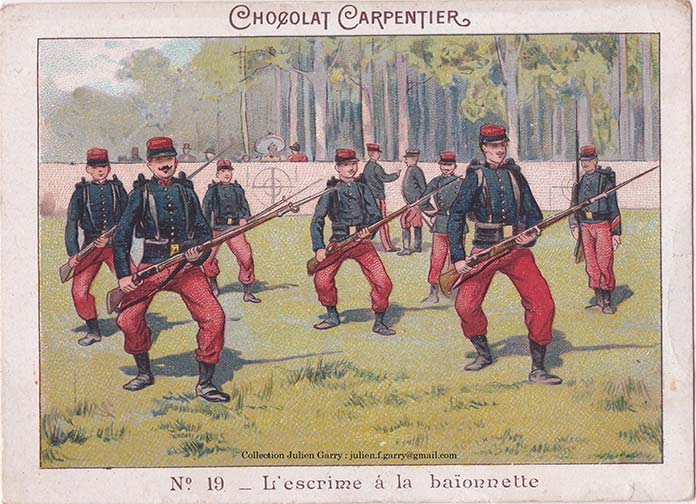 <b>fig.12</b>Cartes postales et publicitaires entre 1880 et 1914 sur la thématique de l’entrainement à l’escrime de guerre