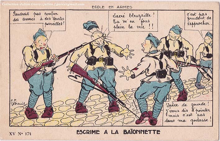 <b>fig.15</b>Cartes postales et publicitaires entre 1880 et 1914 sur la thématique de l’entrainement à l’escrime de guerre