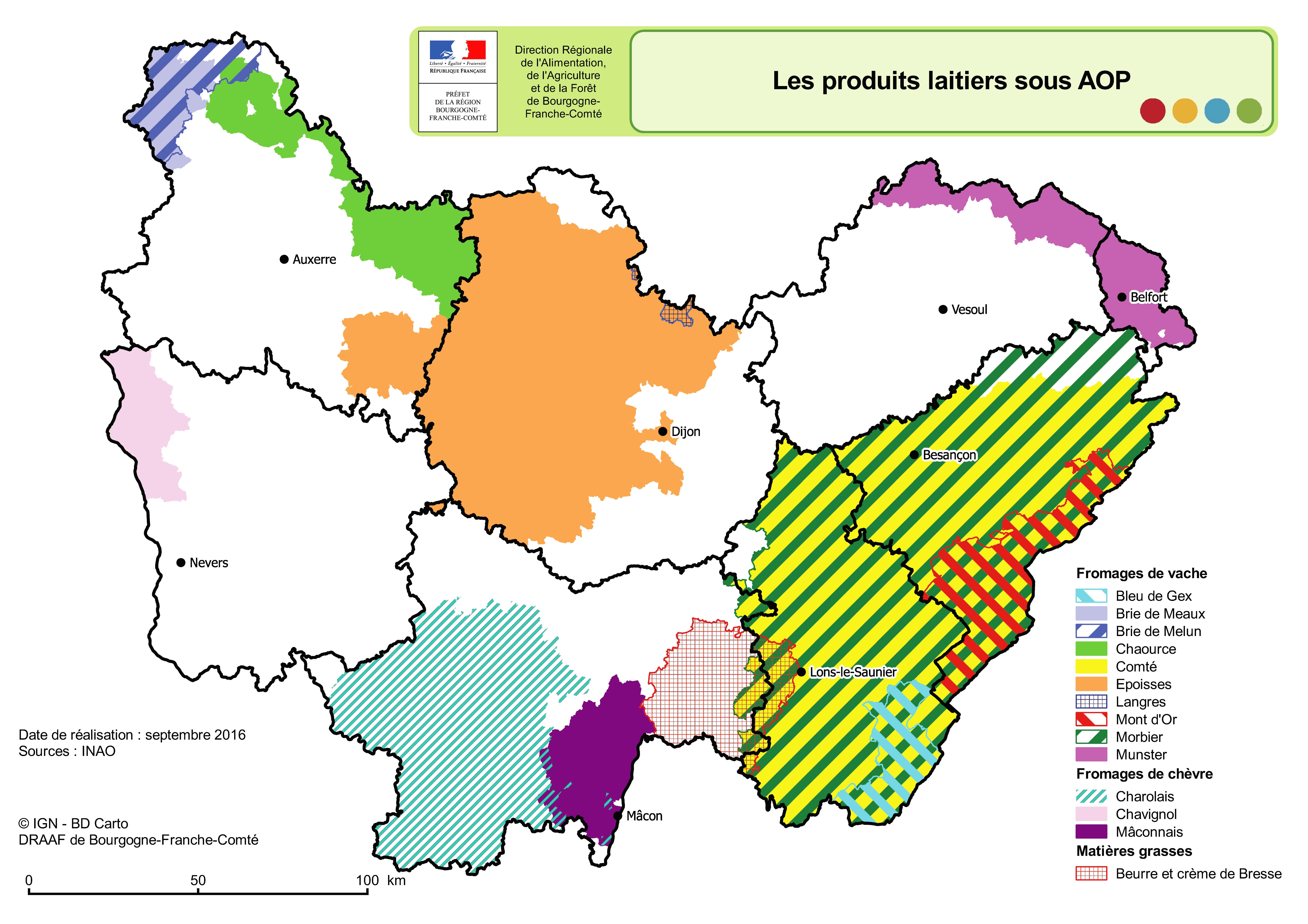 <b>fig.1</b>Carte des productions fomagères sous appellations de la Bourgogne/Franche-Comté