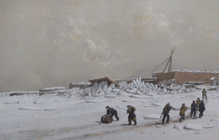 <b>fig.2</b>Nos souvenirs de Kil-Bouroun</i> - Planche 5,<i>Poussée des glaces sur le débarcadère de Kil-Bouroun</i> (janvier 1856)