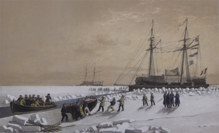 Nos souvenirs de Kil-Bouroun</i> - Planche 10,<i>Canonnière levant ses ancres avec des embarcations amenées dans des canaux creusés dans la glace </i> (janvier 1856)