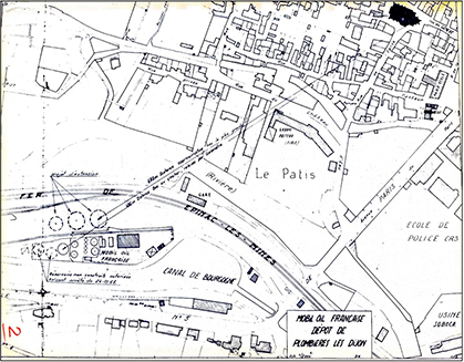 fig.2 Plan du projet d’extension du dépôt dans son environnement en 1968. L’église, en noir, est située à environ 500 m du dépôt. Les habitants du quartier du château d’eau, entre la rivière et l’église, sont les plus mobilisés contre le dépôt.